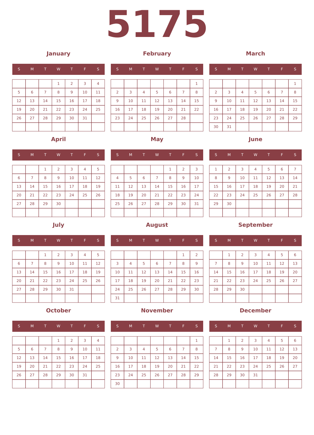 Printable 5175 Year Calendars cordovan