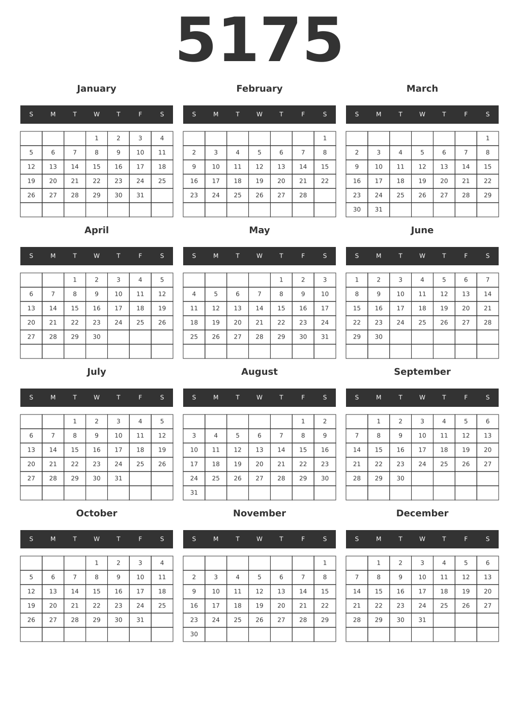 Printable 5175 Year Calendars dark