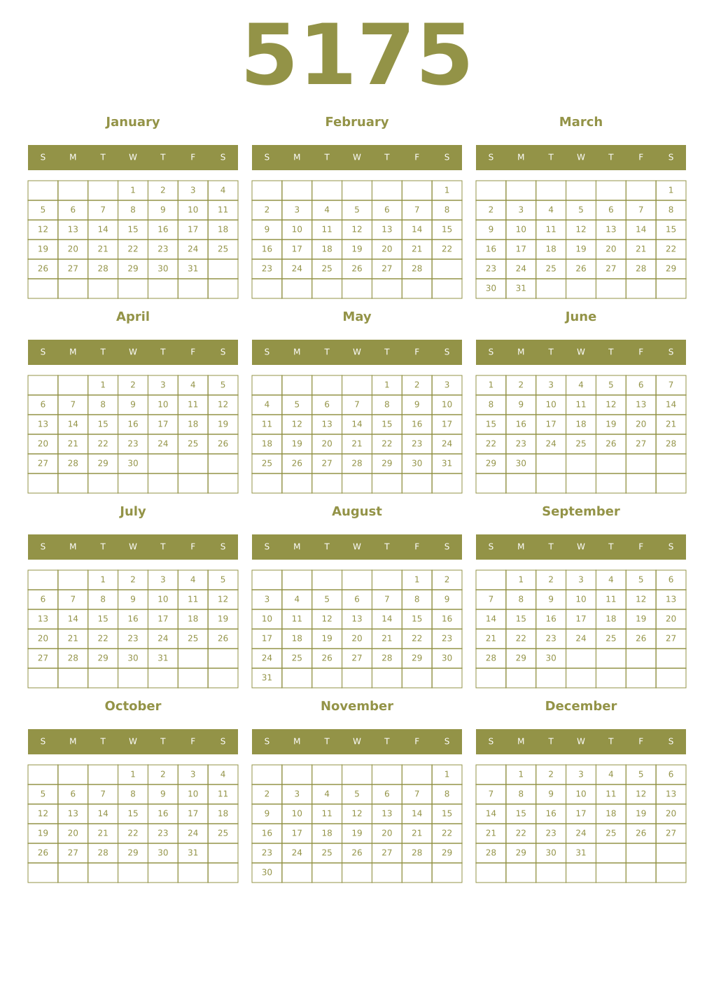 Printable 5175 Year Calendars eburnean