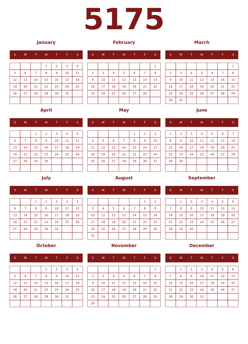 Printable 5175 Year Calendars falu