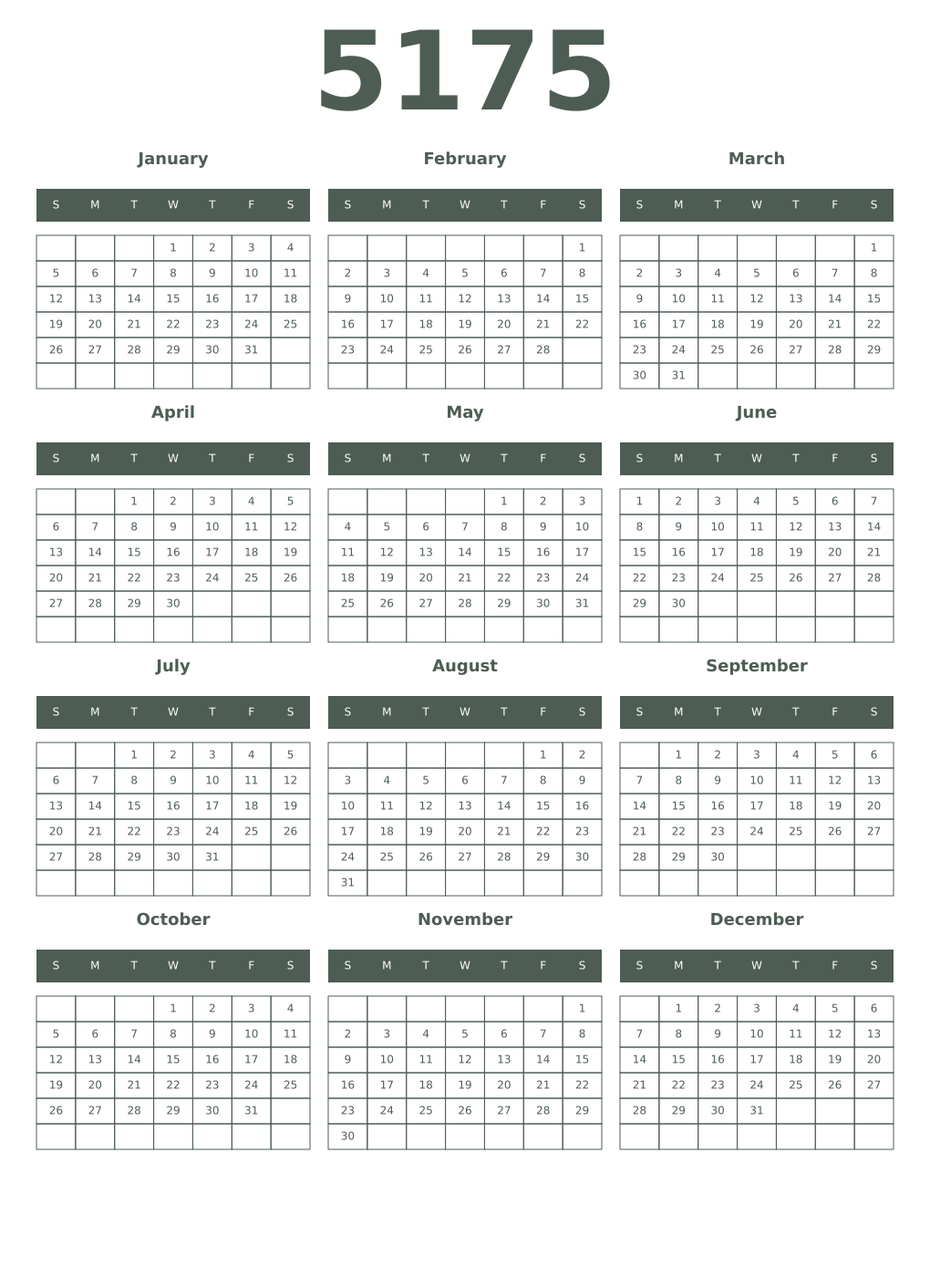 Printable 5175 Year Calendars feldgrau