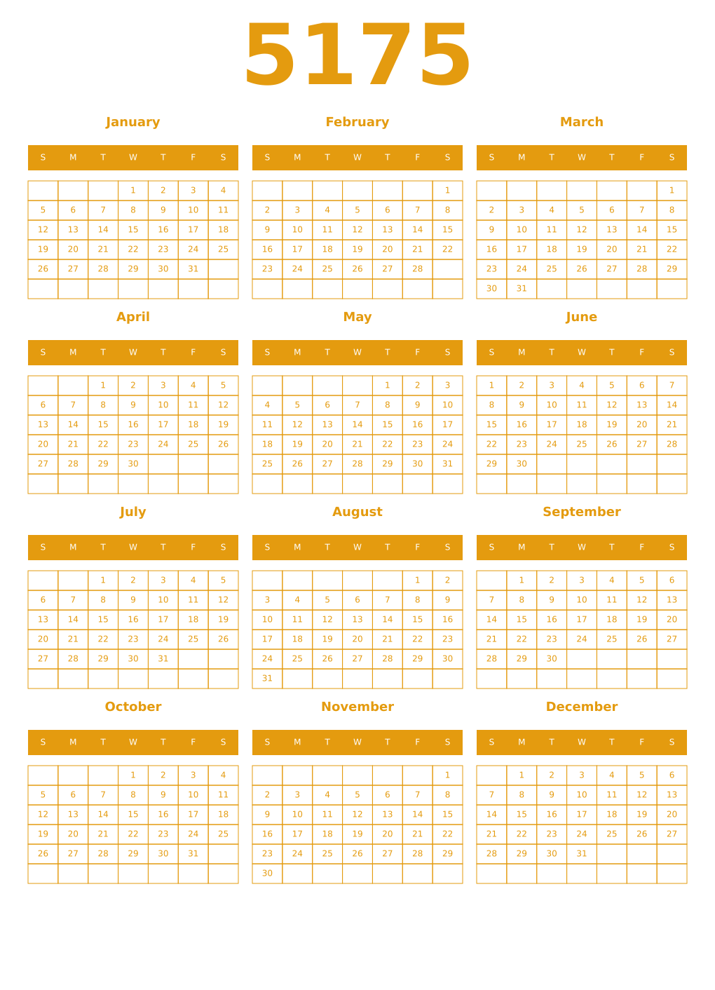 Printable 5175 Year Calendars gamboge