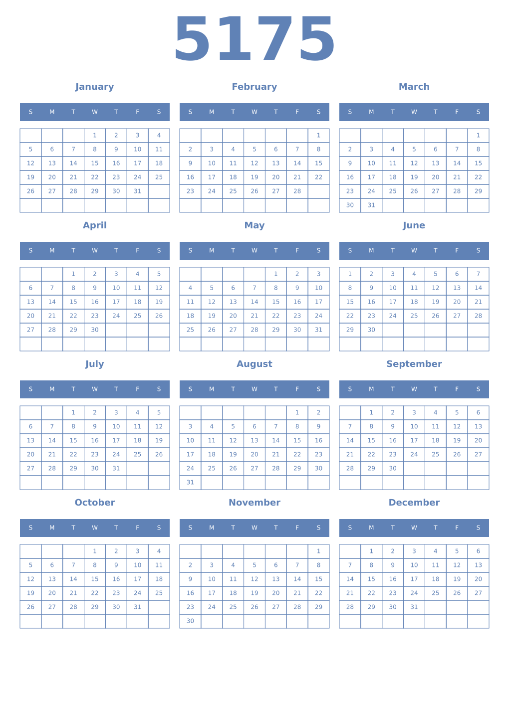 Printable 5175 Year Calendars glaucous
