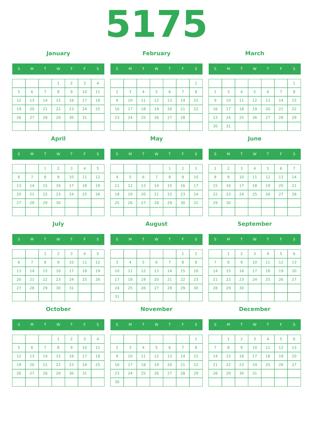 Printable 5175 Year Calendars green
