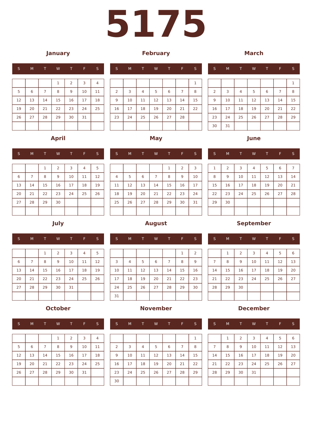 Printable 5175 Year Calendars mortuum