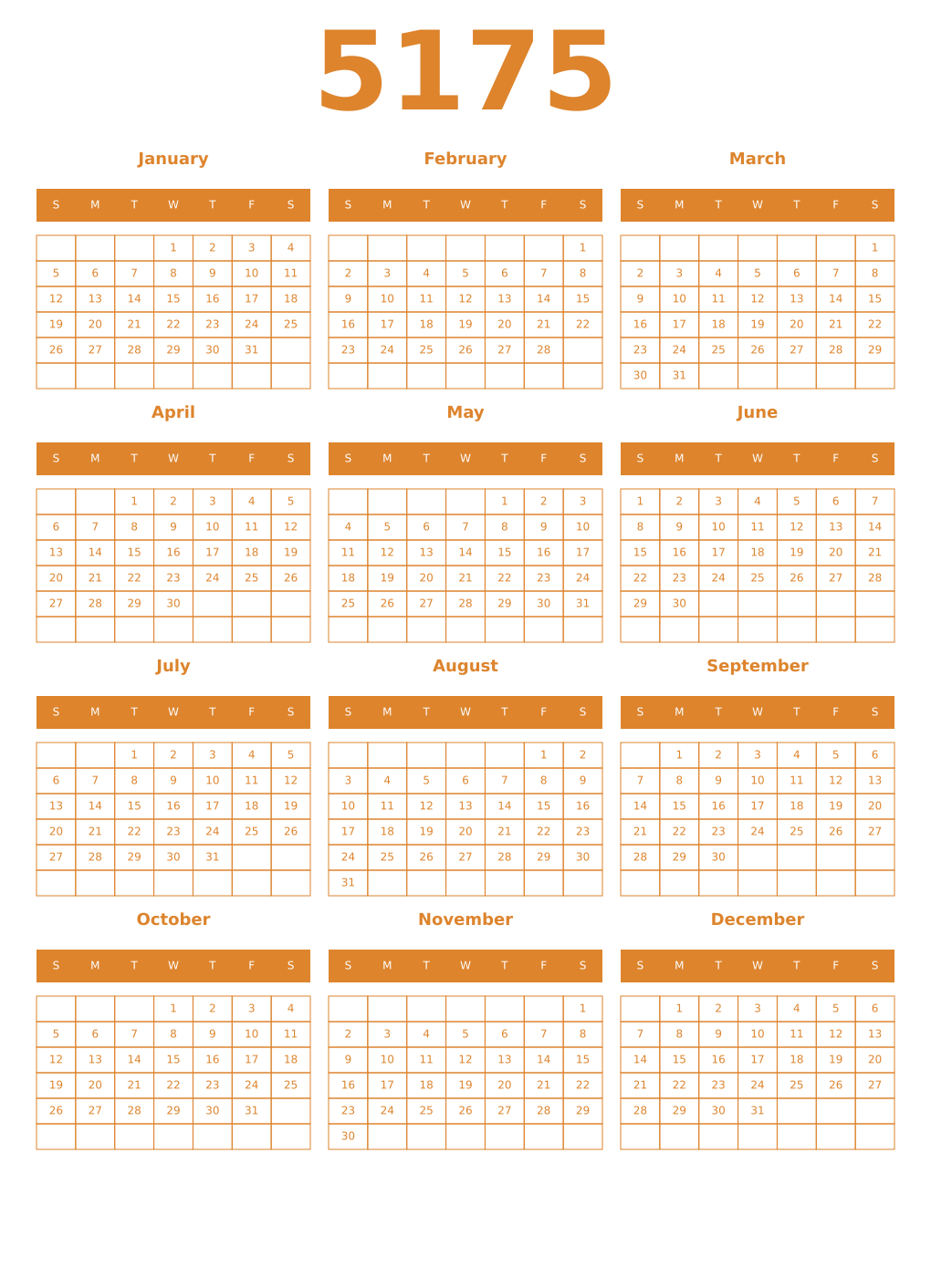 Printable 5175 Year Calendars orange