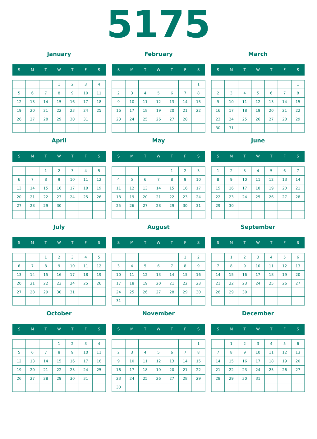Printable 5175 Year Calendars pastel
