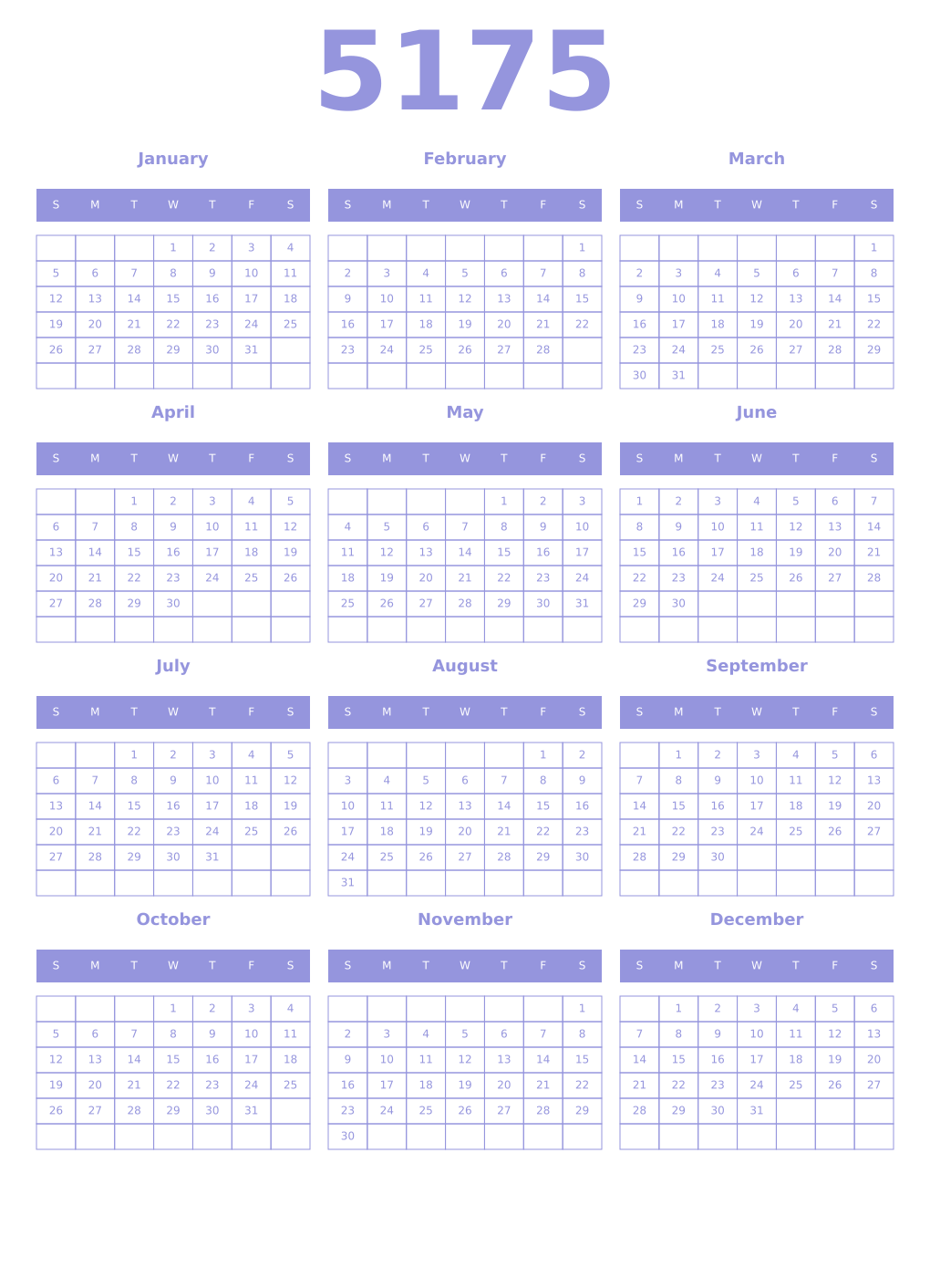 Printable 5175 Year Calendars periwinkle