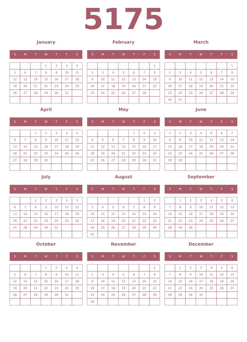 Printable 5175 Year Calendars puce