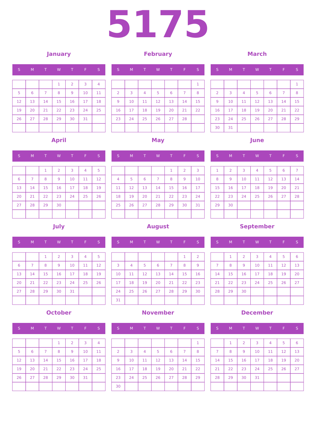 Printable 5175 Year Calendars purple