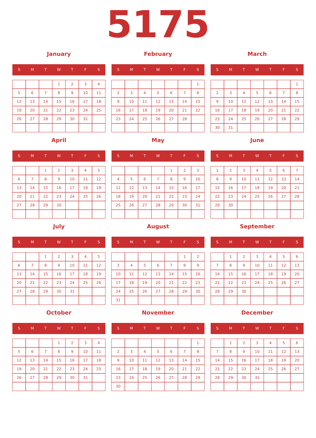 Printable 5175 Year Calendars red