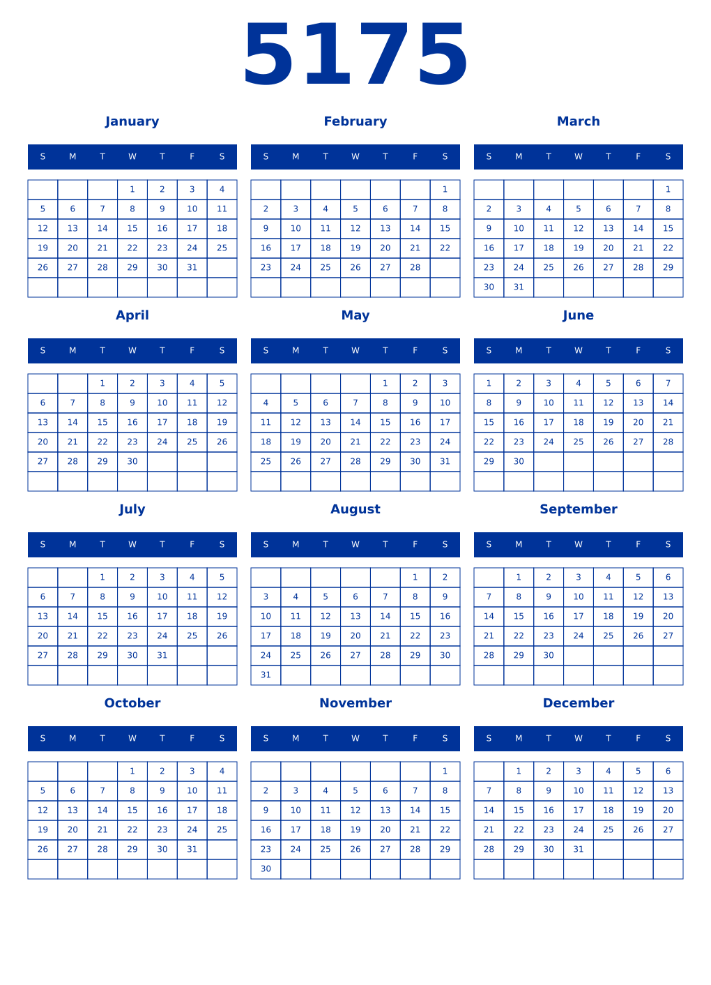Printable 5175 Year Calendars smalt