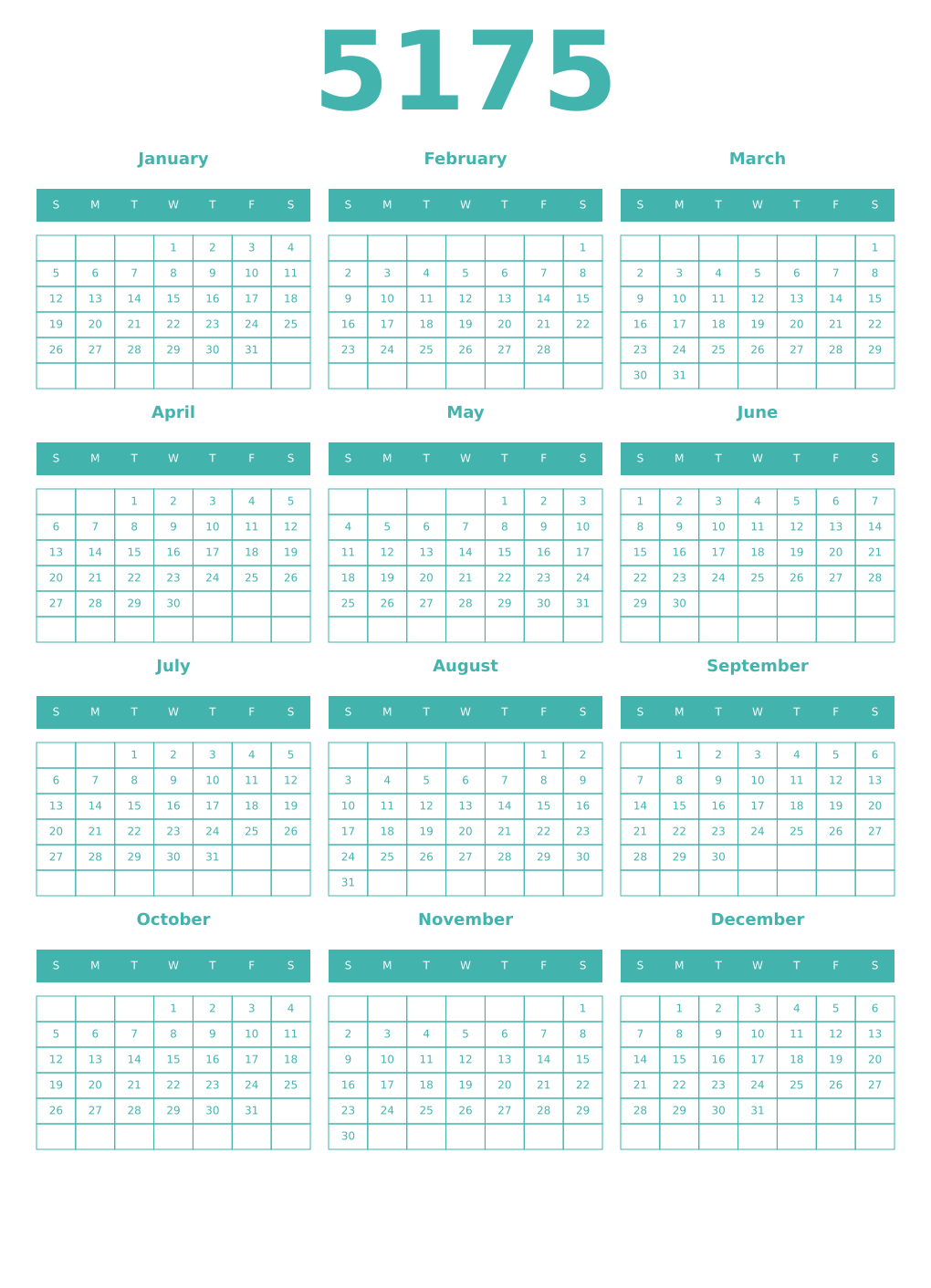 Printable 5175 Year Calendars verdigris