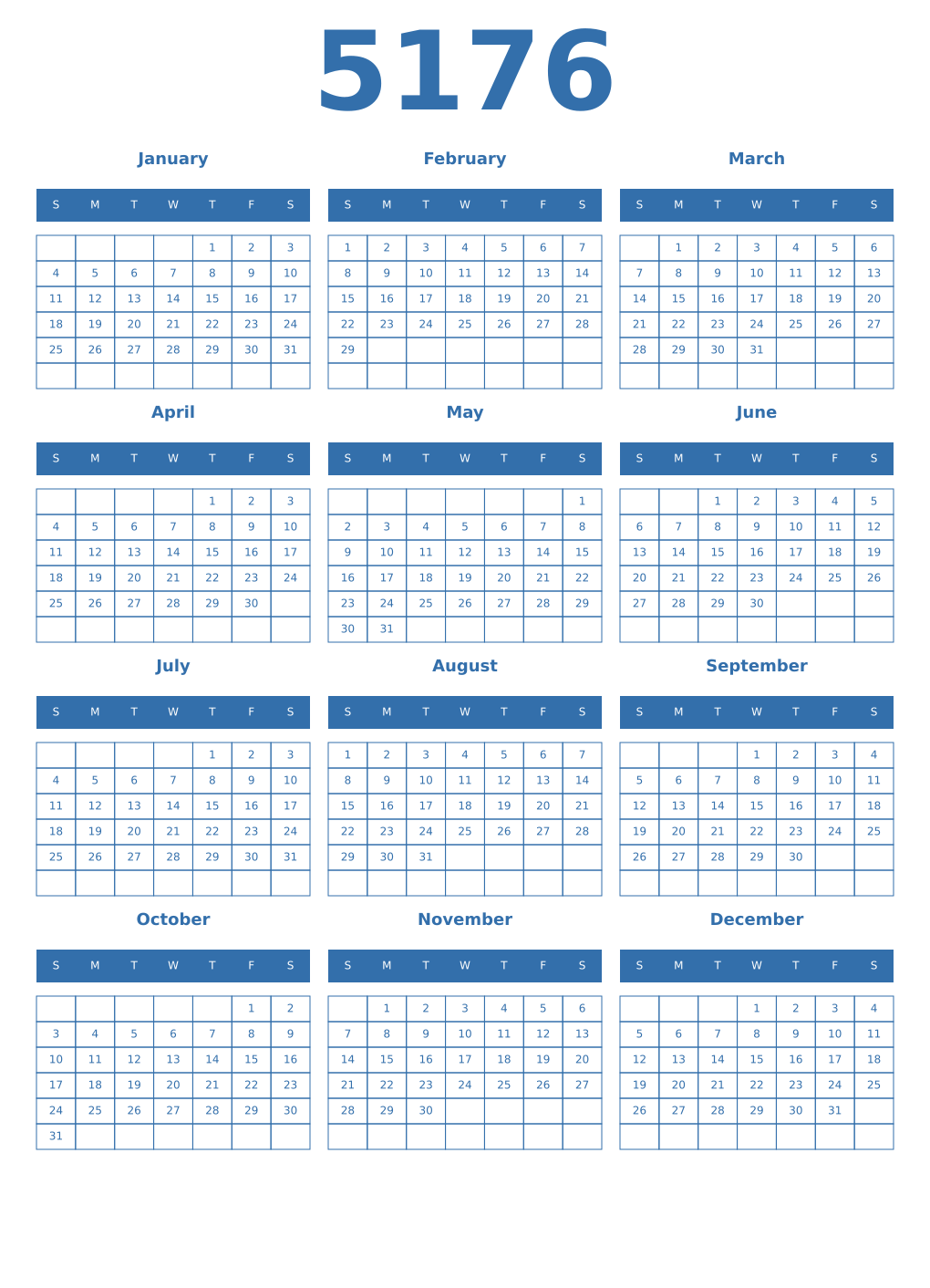 Printable 5176 Year Calendars blue