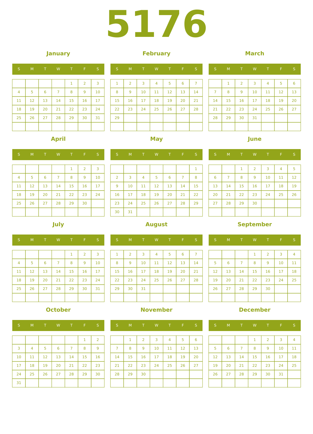 Printable 5176 Year Calendars chartreuse