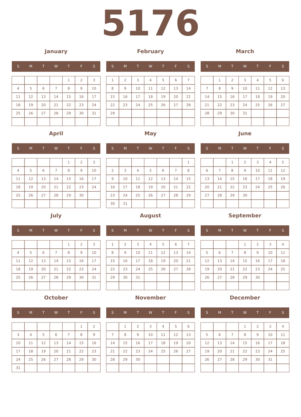 Printable 5176 Year Calendars coffe