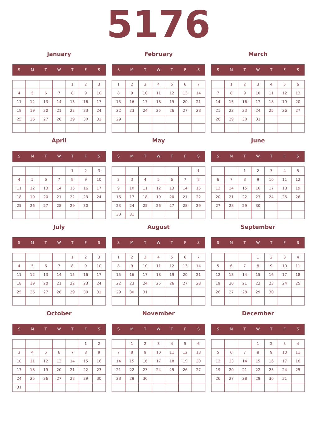 Printable 5176 Year Calendars cordovan