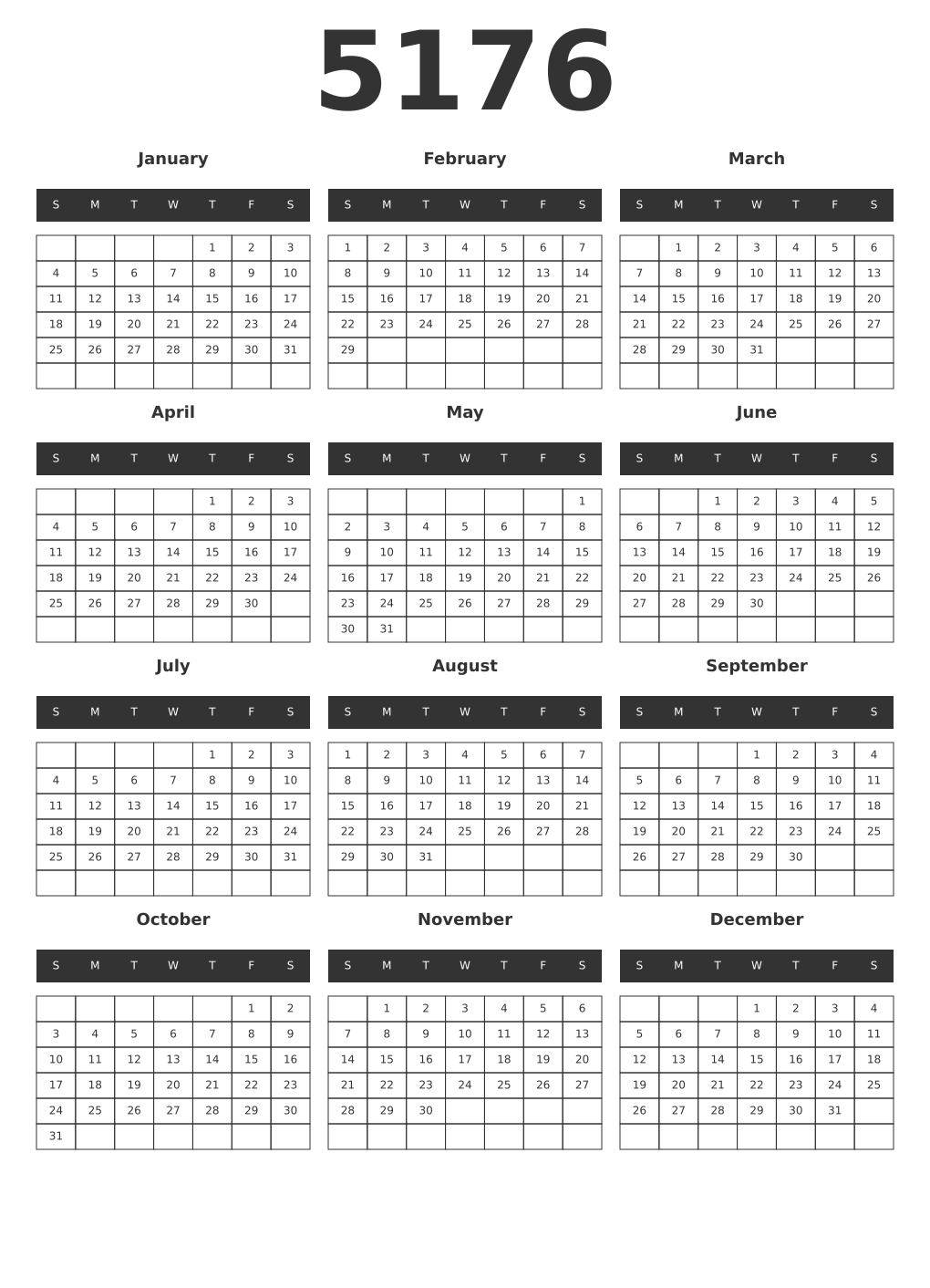 Printable 5176 Year Calendars dark