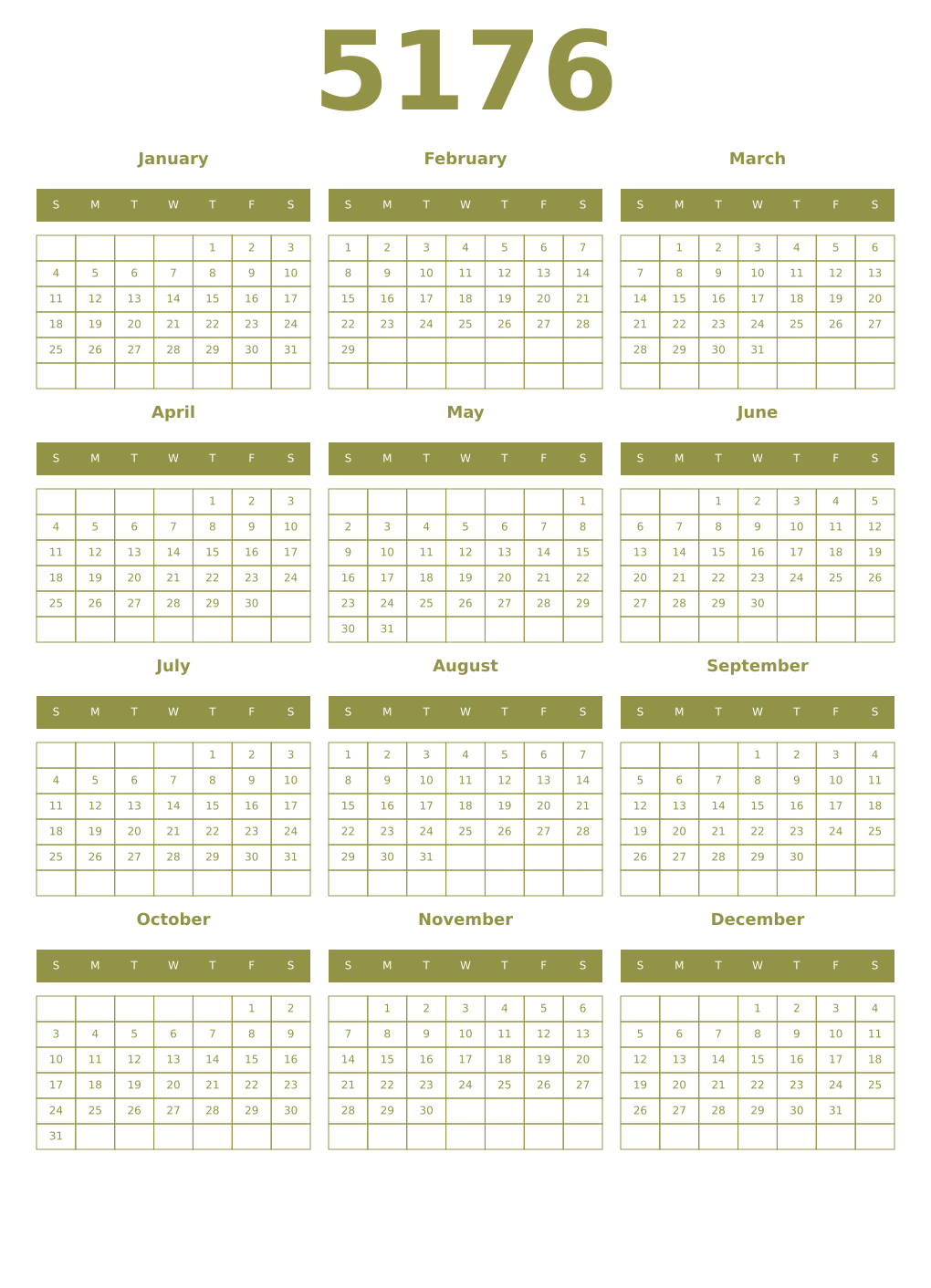 Printable 5176 Year Calendars eburnean