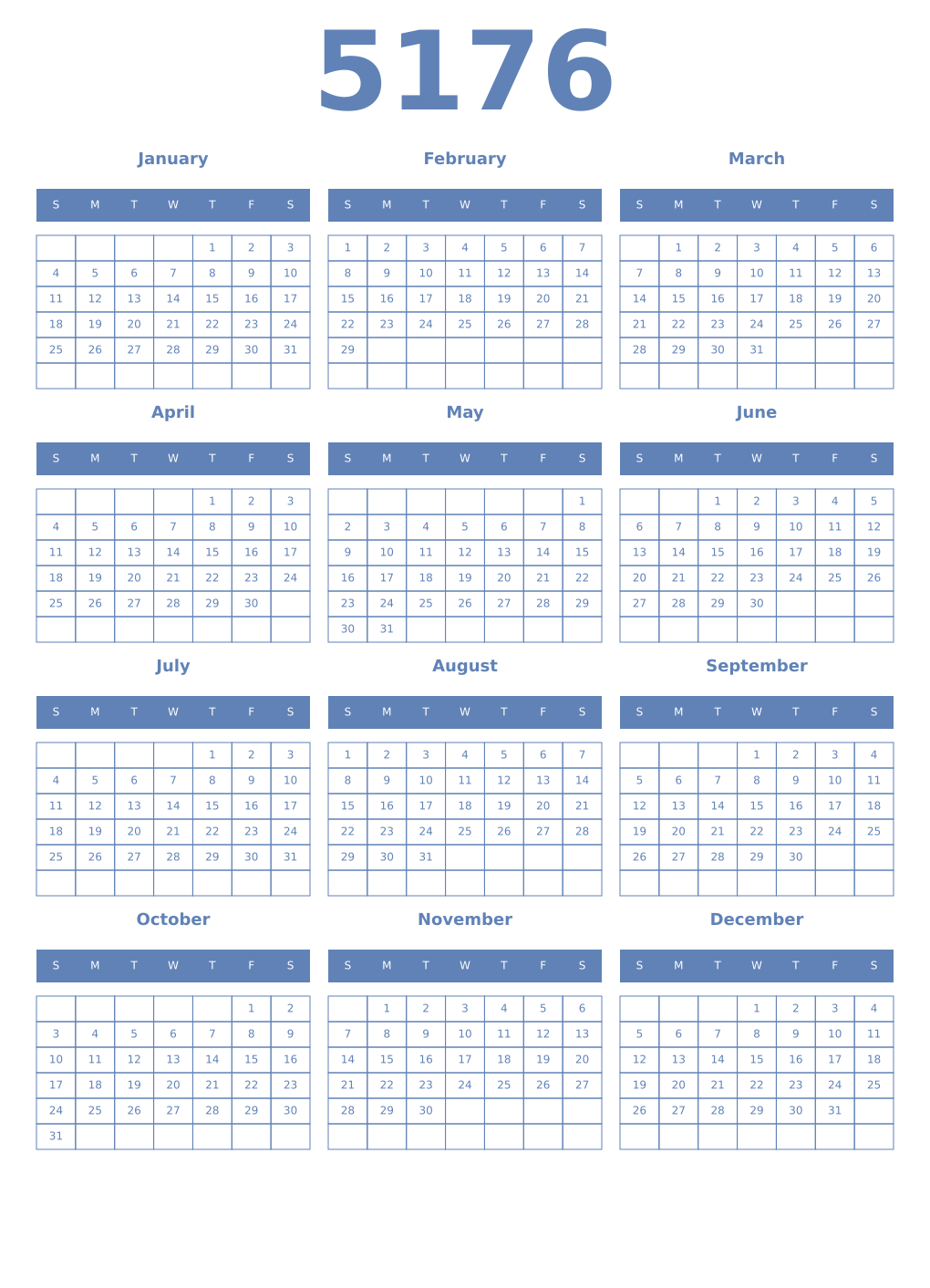Printable 5176 Year Calendars glaucous