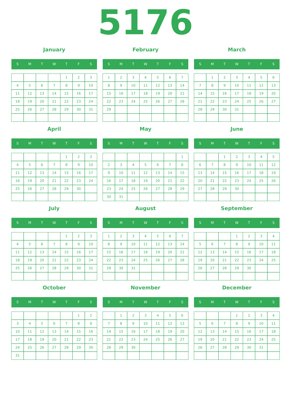 Printable 5176 Year Calendars green