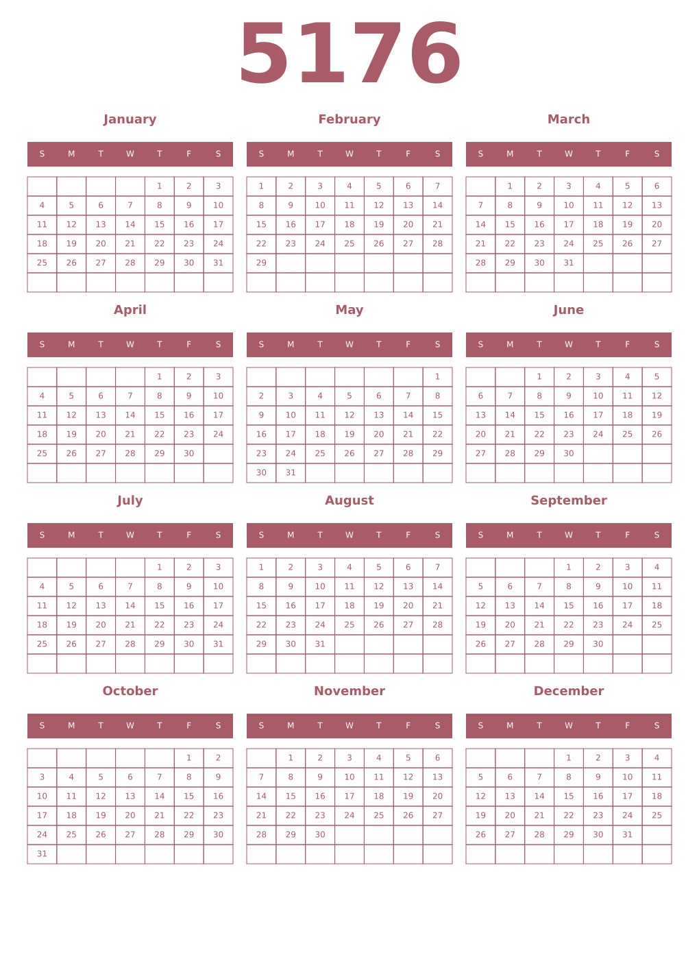 Printable 5176 Year Calendars puce