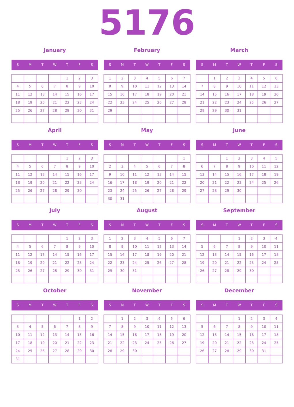 Printable 5176 Year Calendars purple
