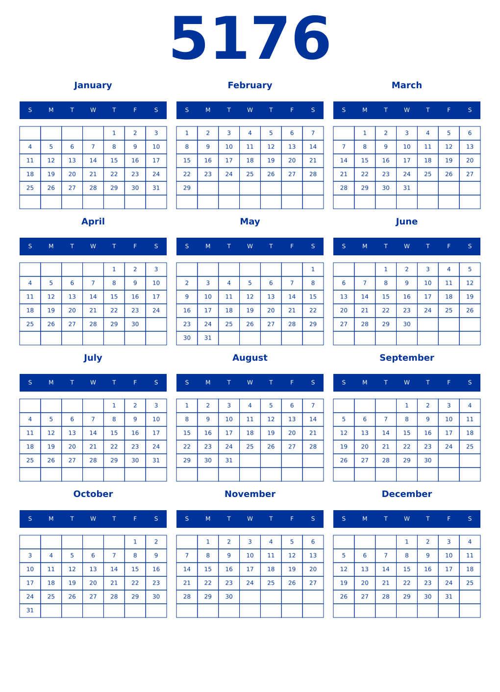 Printable 5176 Year Calendars smalt