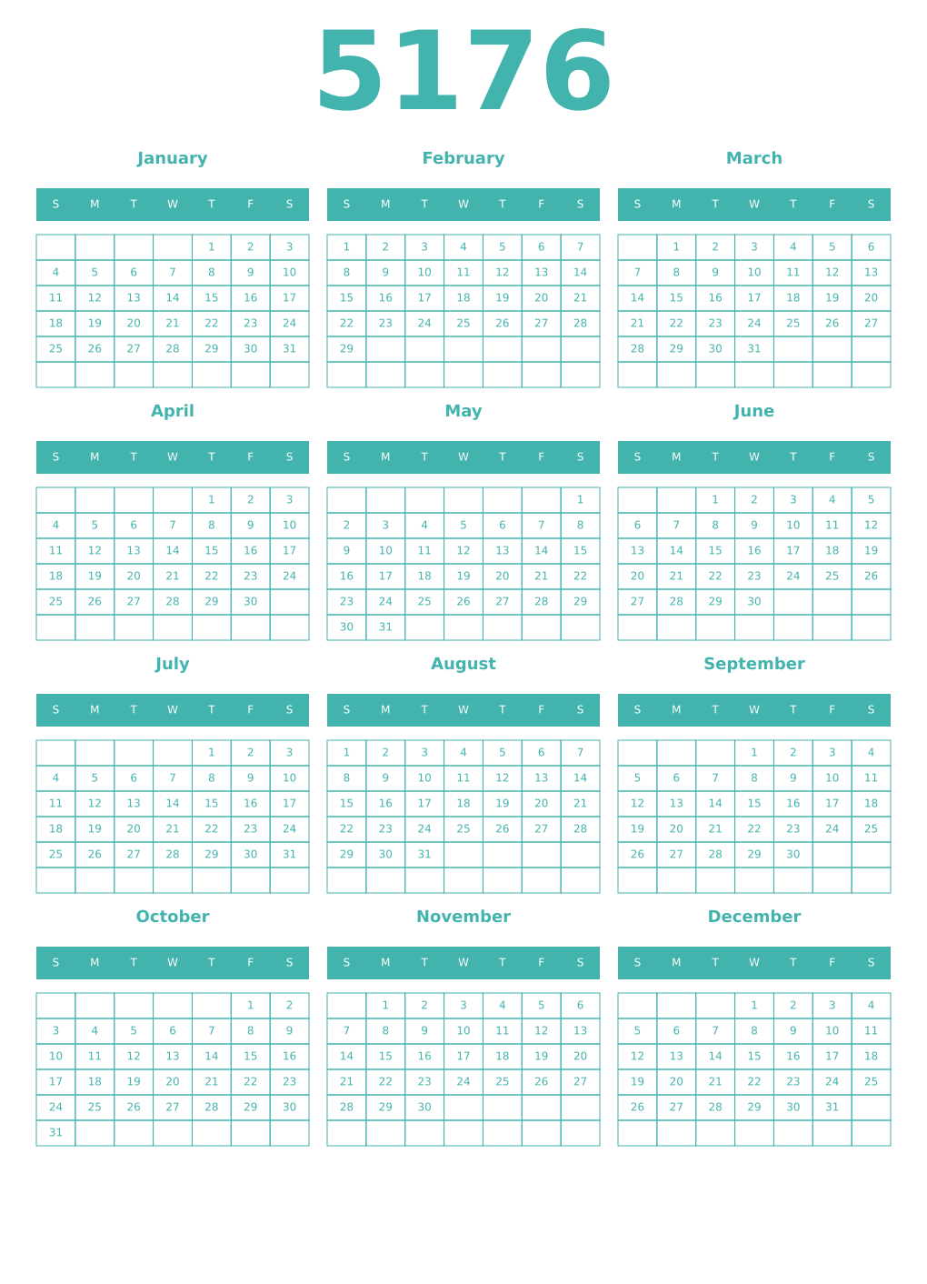 Printable 5176 Year Calendars verdigris