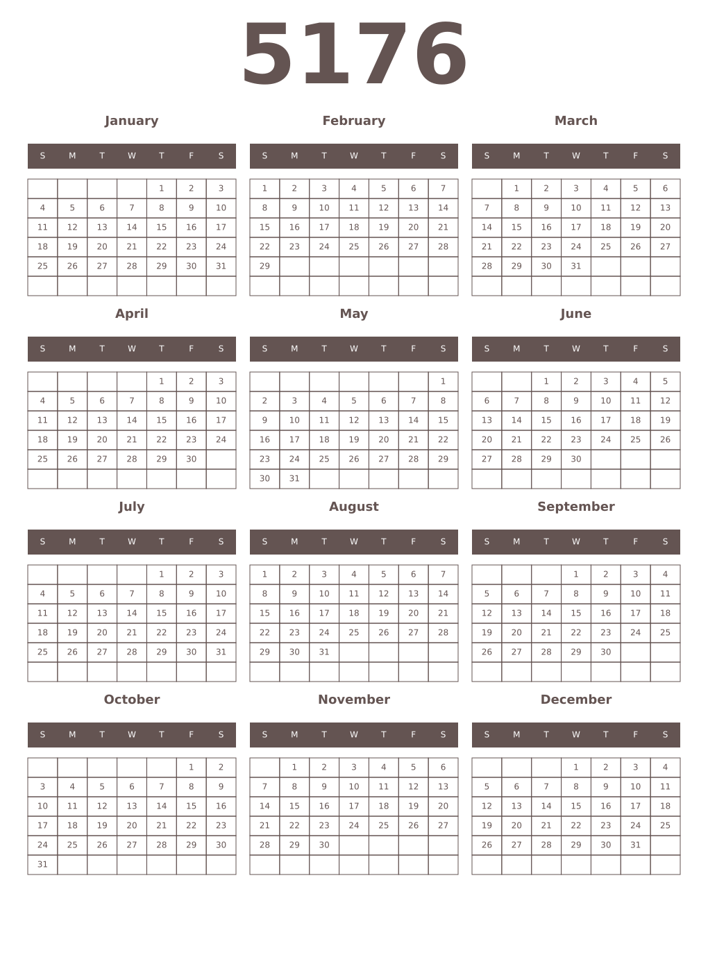 Printable 5176 Year Calendars wenge