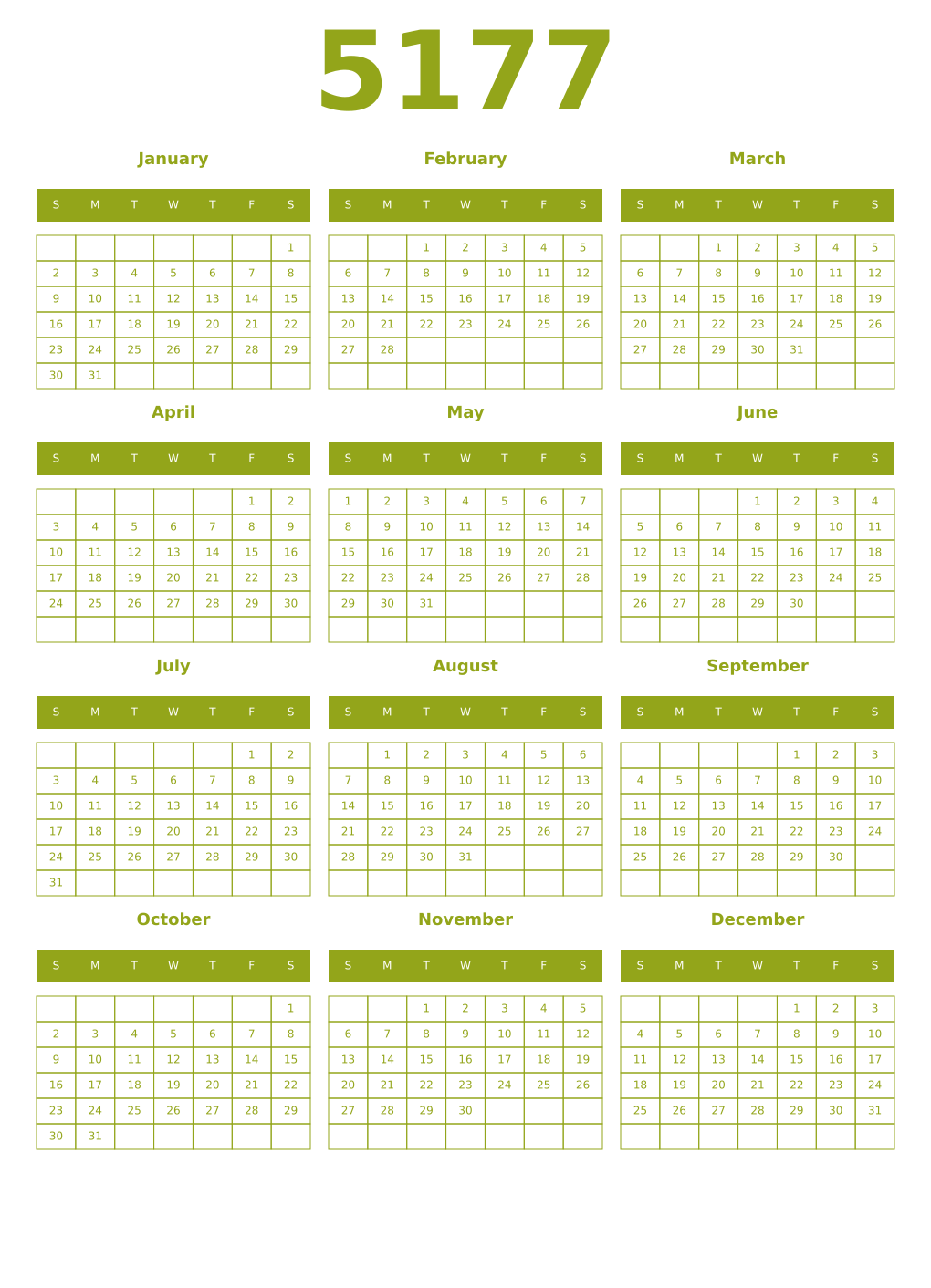 Printable 5177 Year Calendars chartreuse