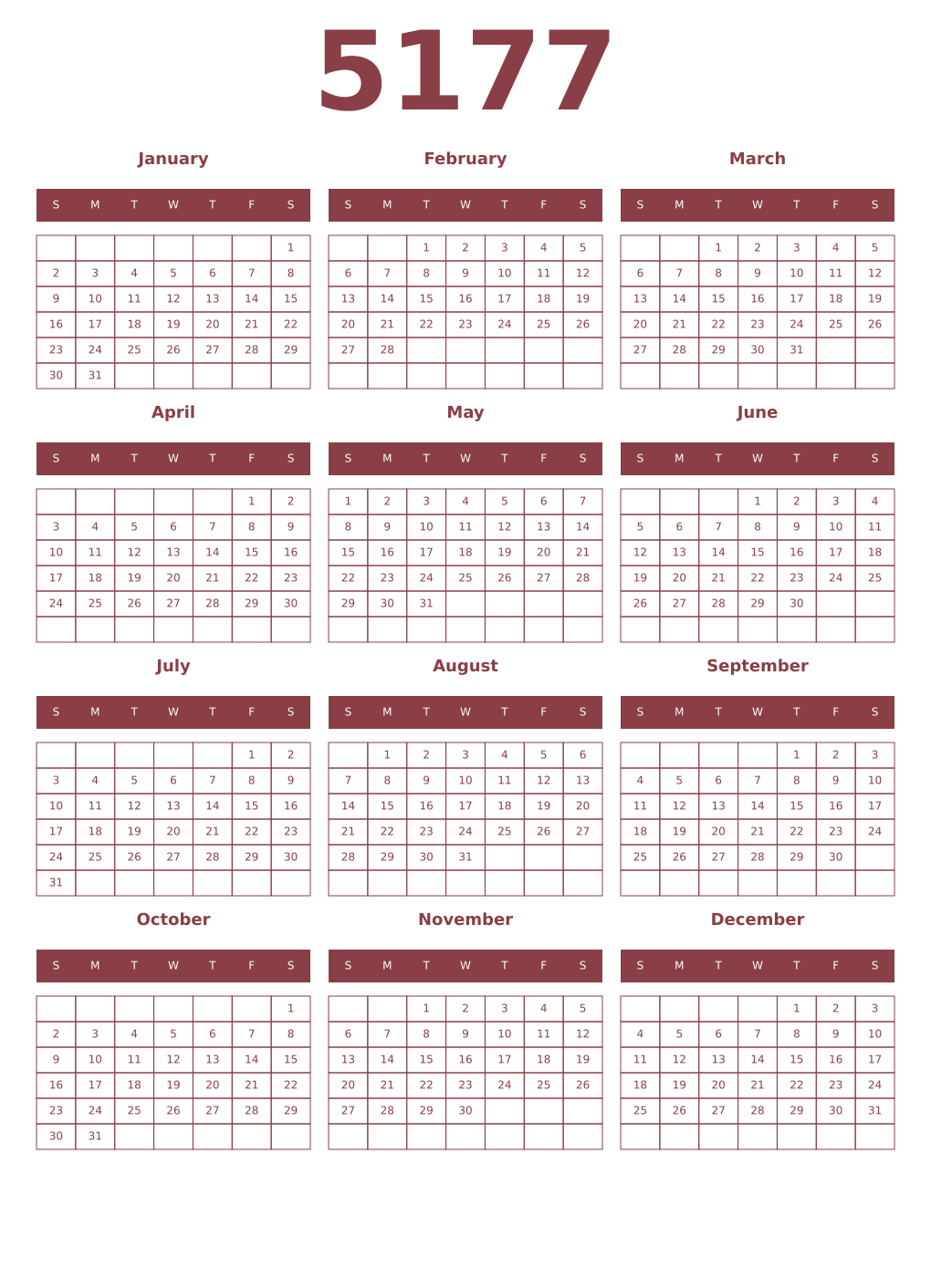 Printable 5177 Year Calendars cordovan