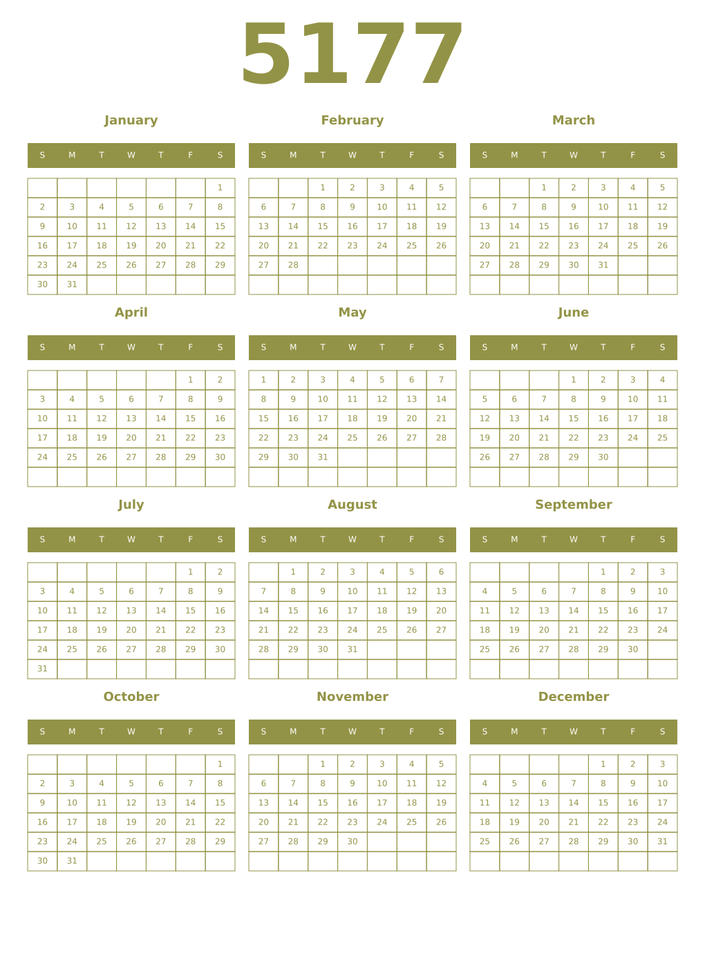 Printable 5177 Year Calendars eburnean