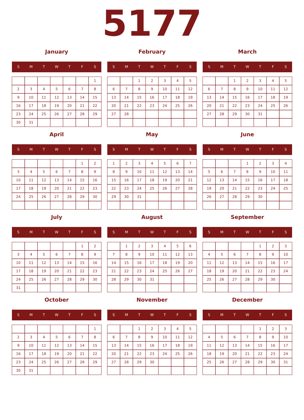 Printable 5177 Year Calendars falu