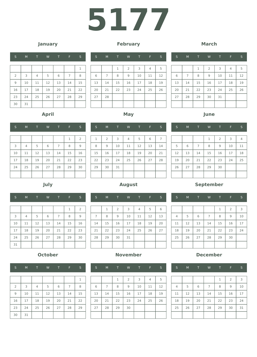 Printable 5177 Year Calendars feldgrau