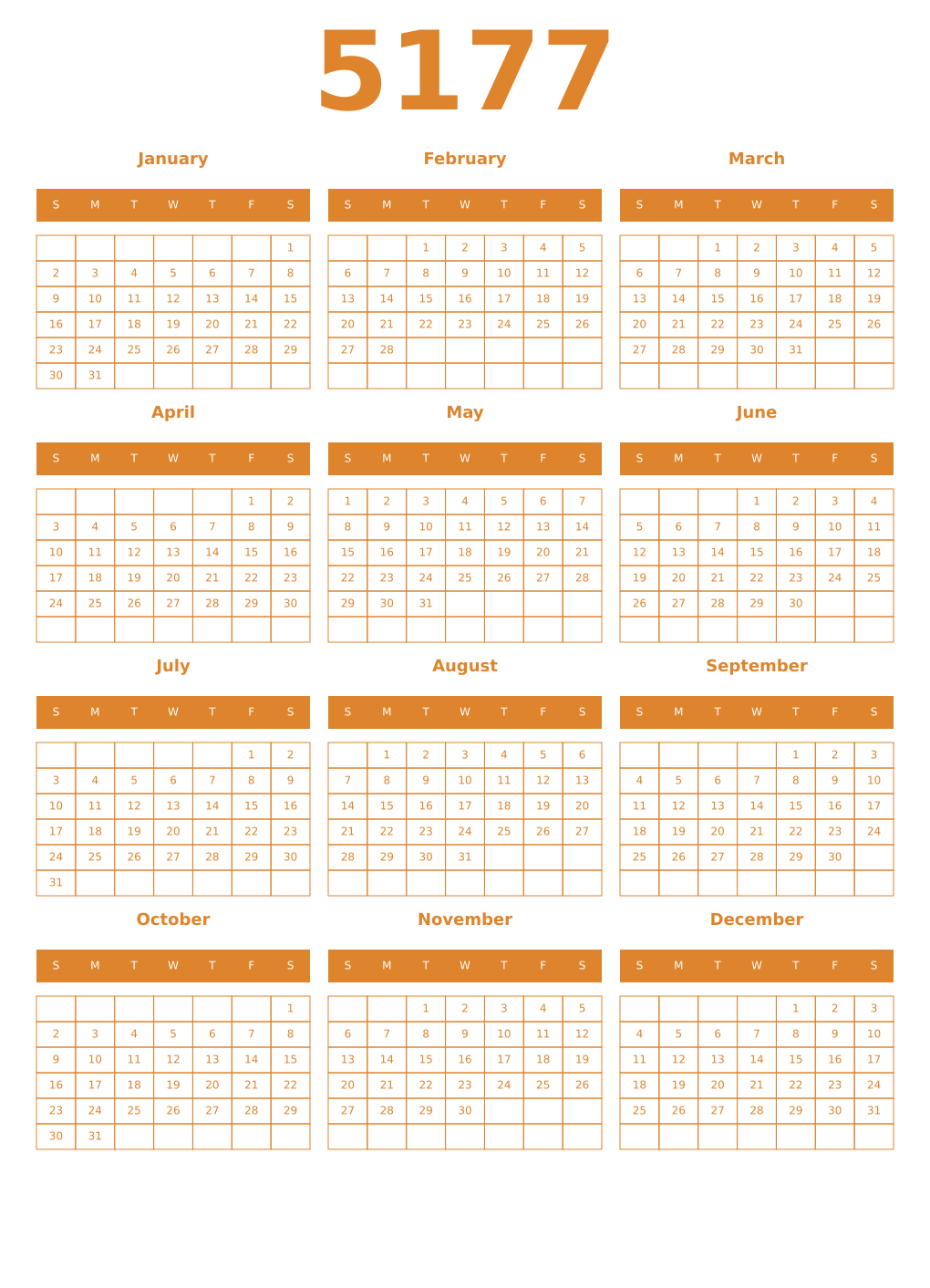Printable 5177 Year Calendars orange