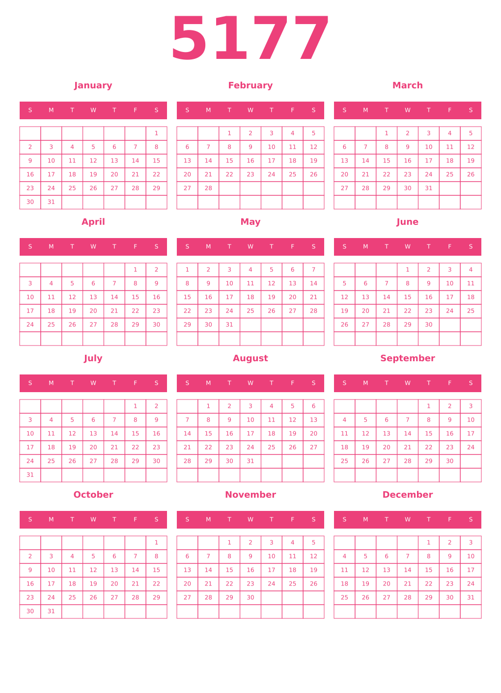 Printable 5177 Year Calendars pink