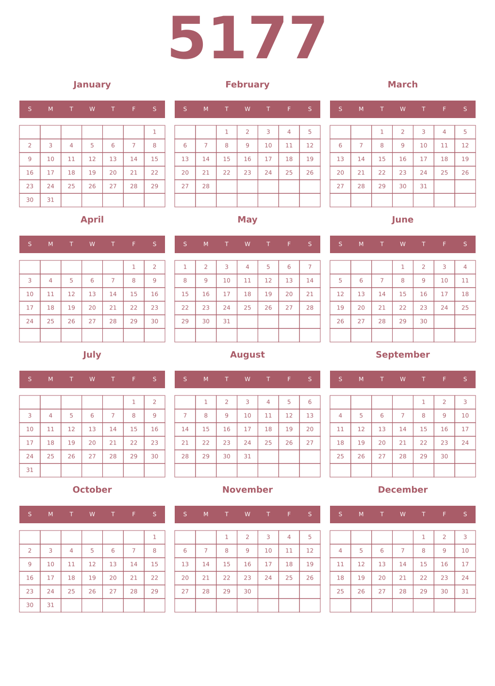 Printable 5177 Year Calendars puce