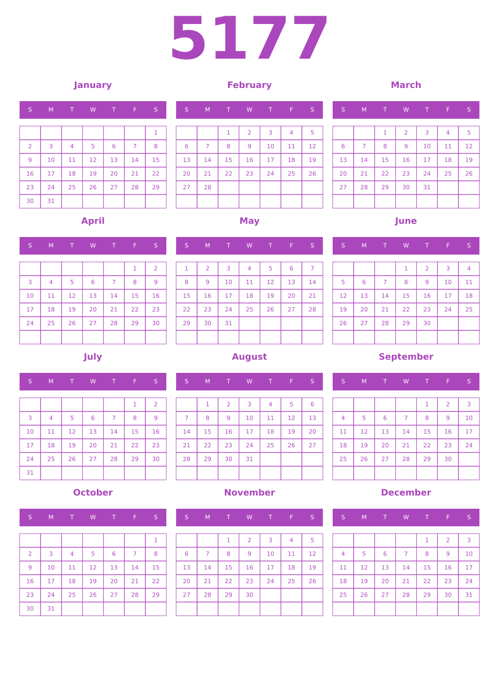 Printable 5177 Year Calendars purple