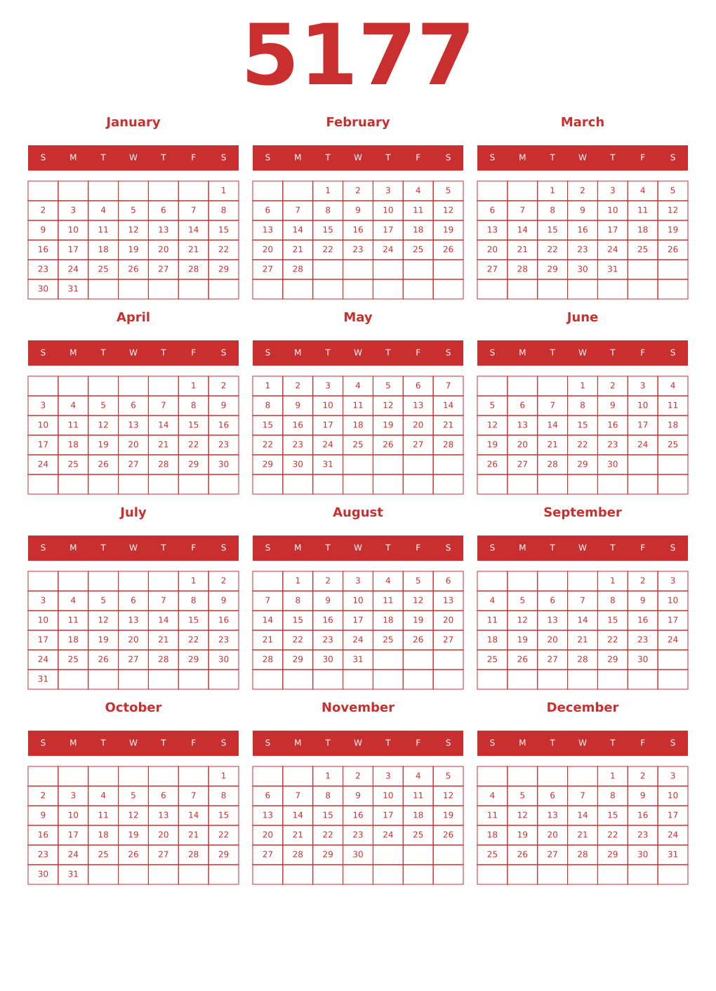 Printable 5177 Year Calendars red