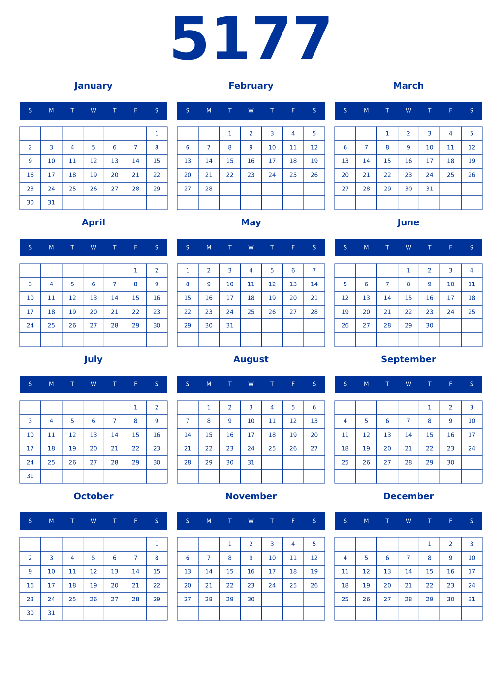 Printable 5177 Year Calendars smalt
