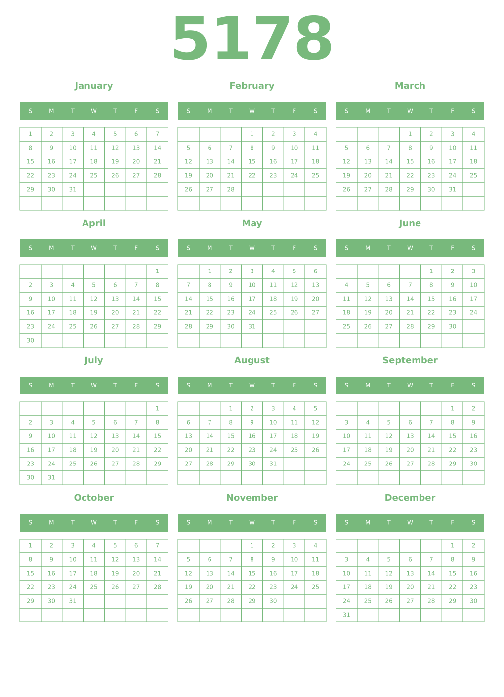 Printable 5178 Year Calendars celadon