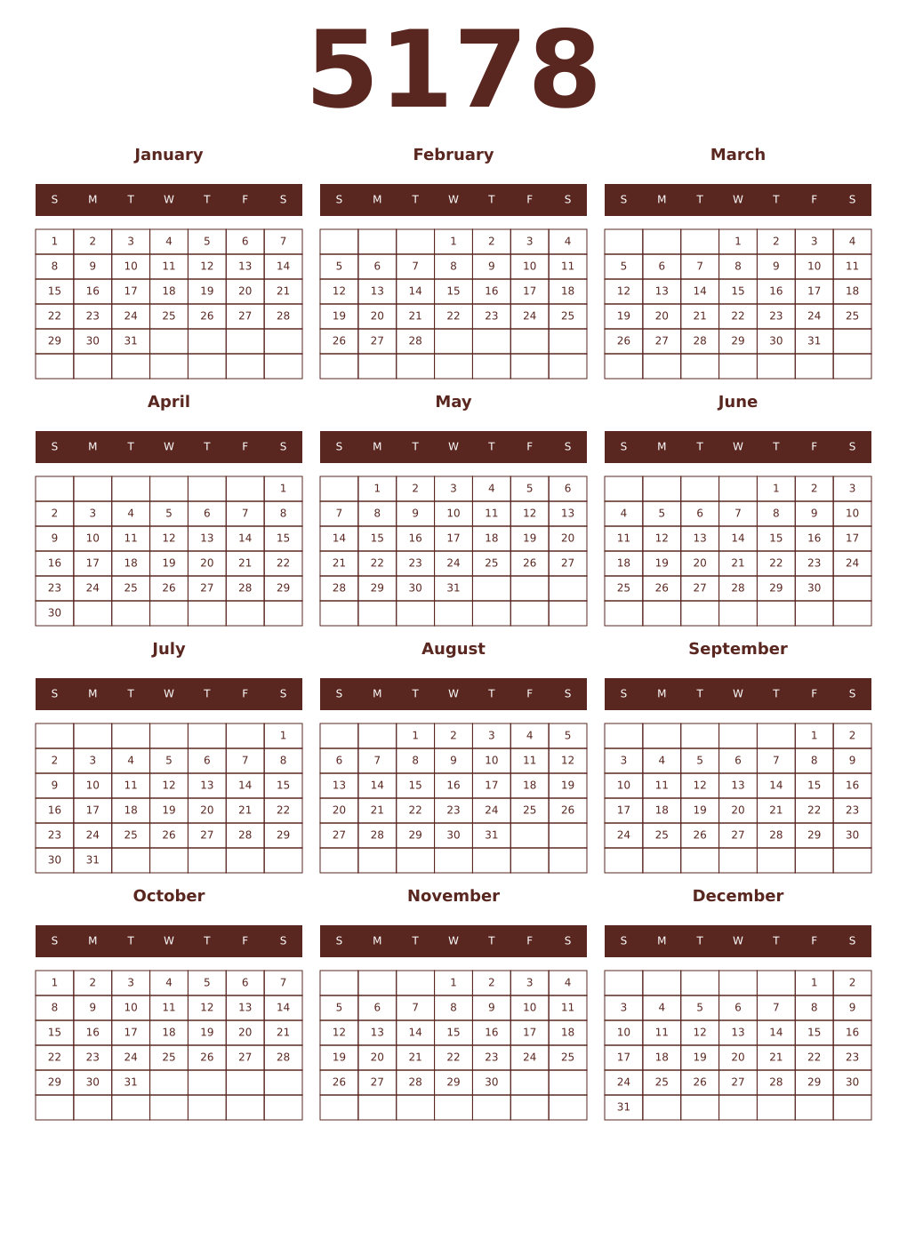 Printable 5178 Year Calendars mortuum