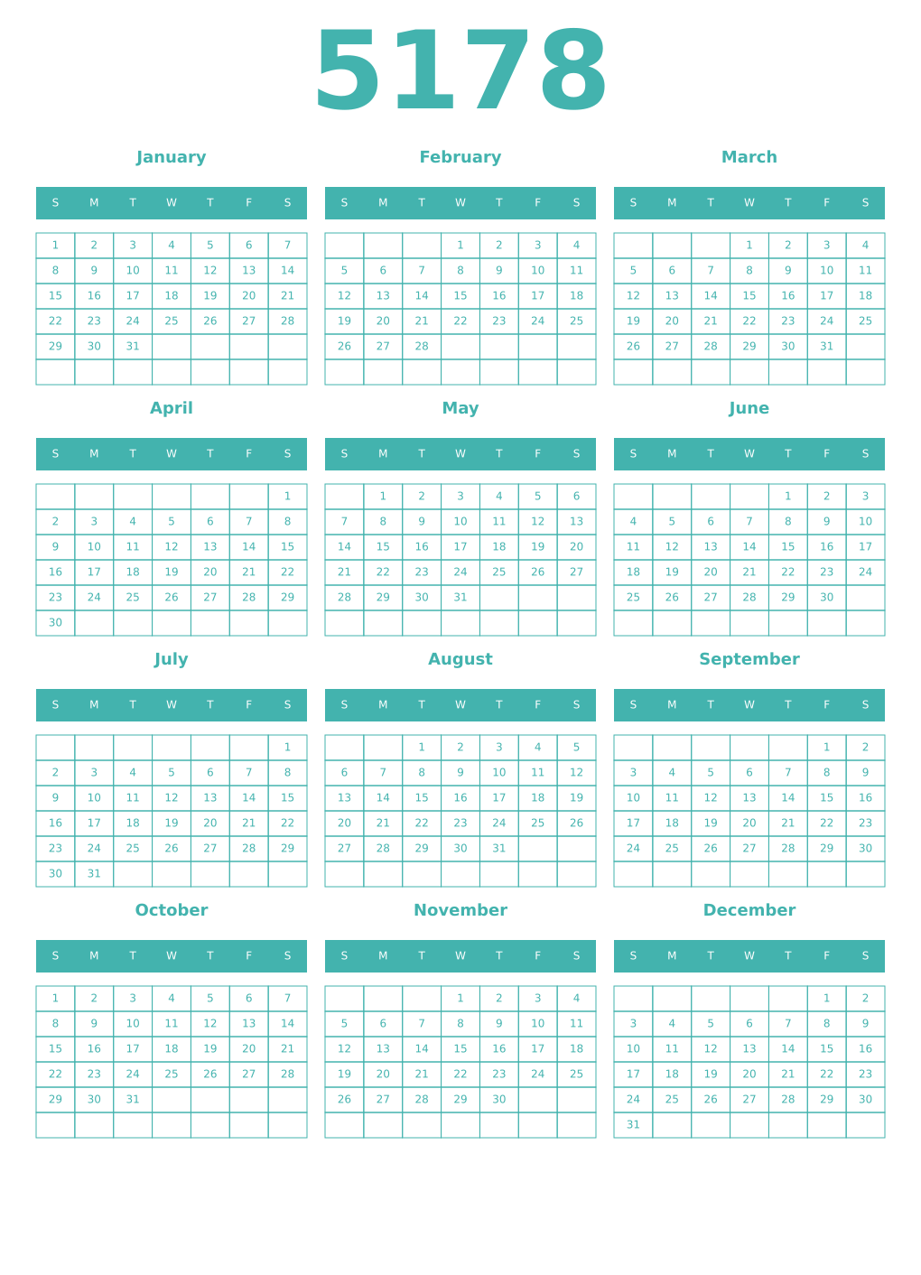 Printable 5178 Year Calendars verdigris
