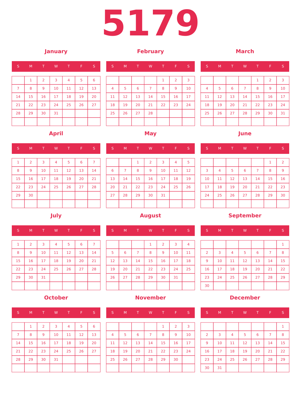 Printable 5179 Year Calendars amaranth