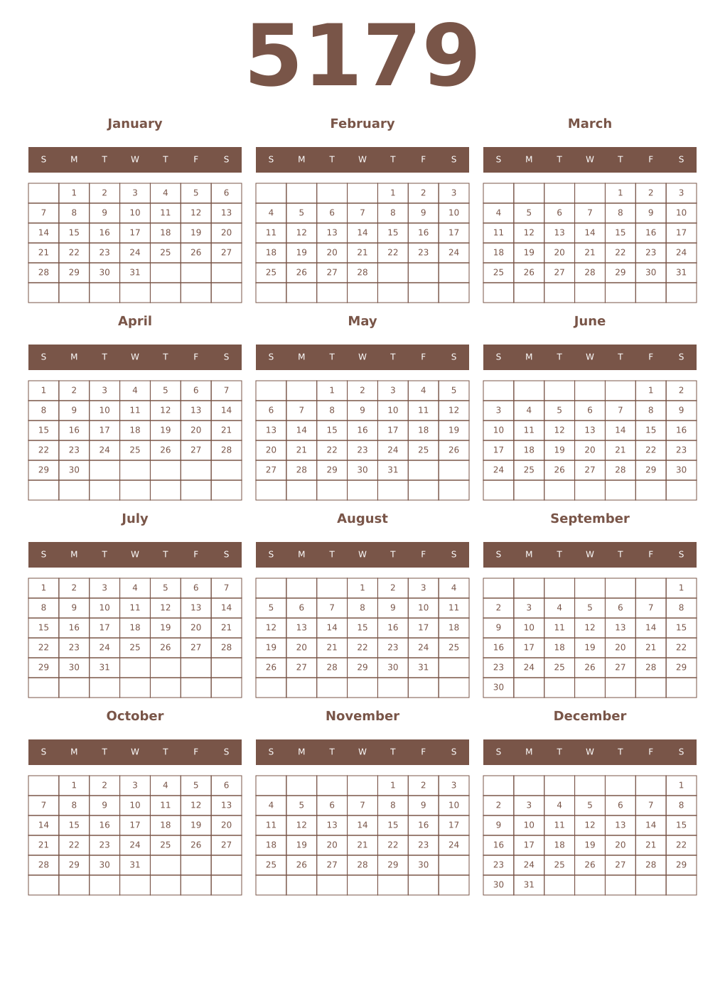 Printable 5179 Year Calendars coffe