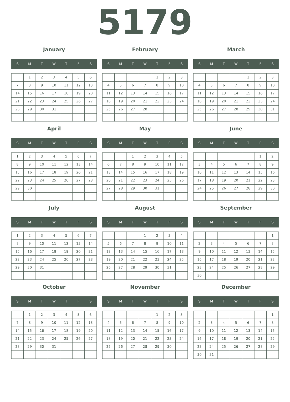 Printable 5179 Year Calendars feldgrau