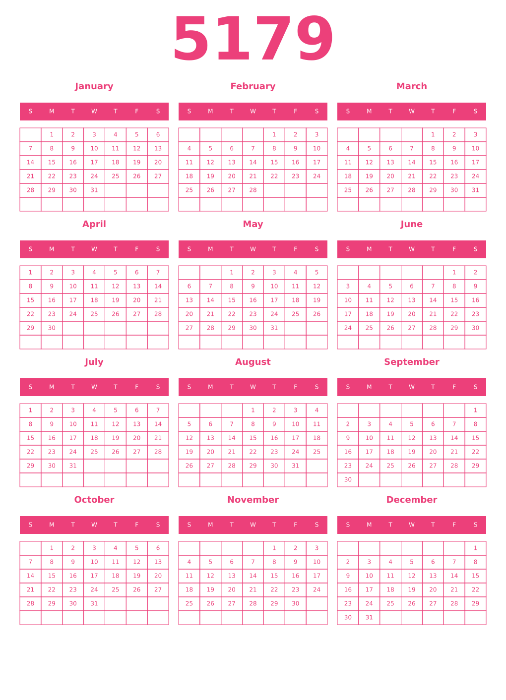 Printable 5179 Year Calendars pink