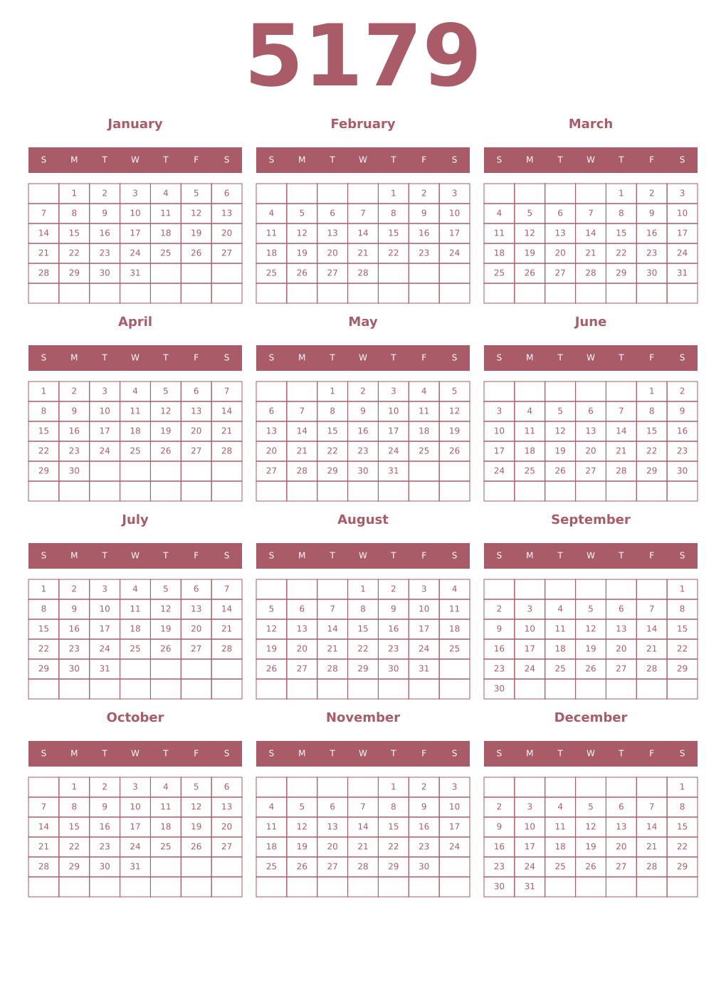 Printable 5179 Year Calendars puce