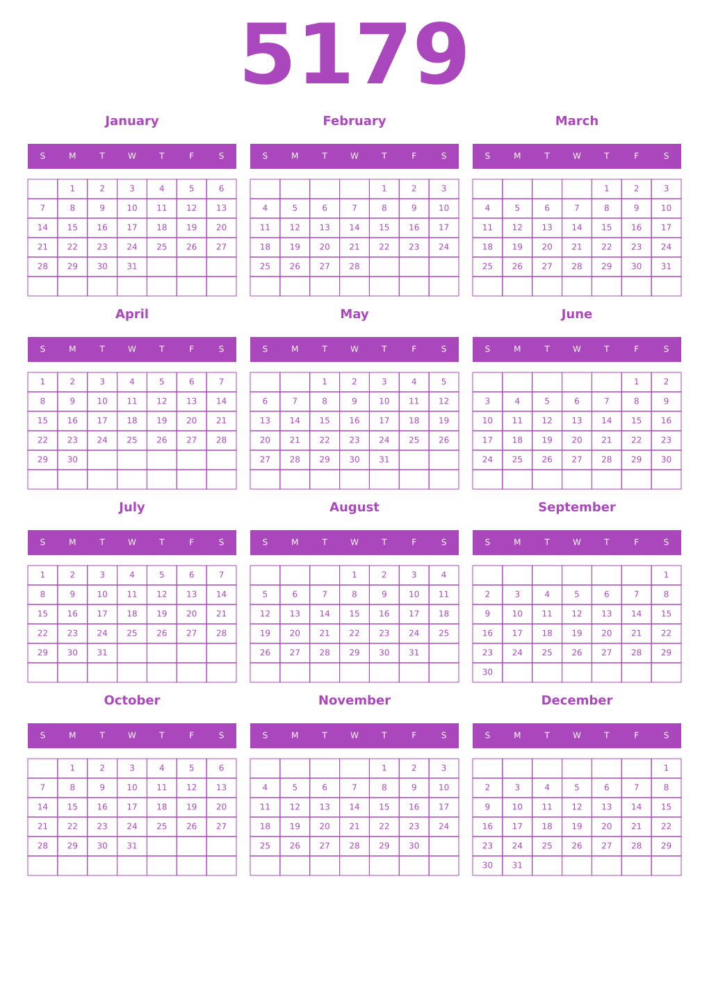 Printable 5179 Year Calendars purple